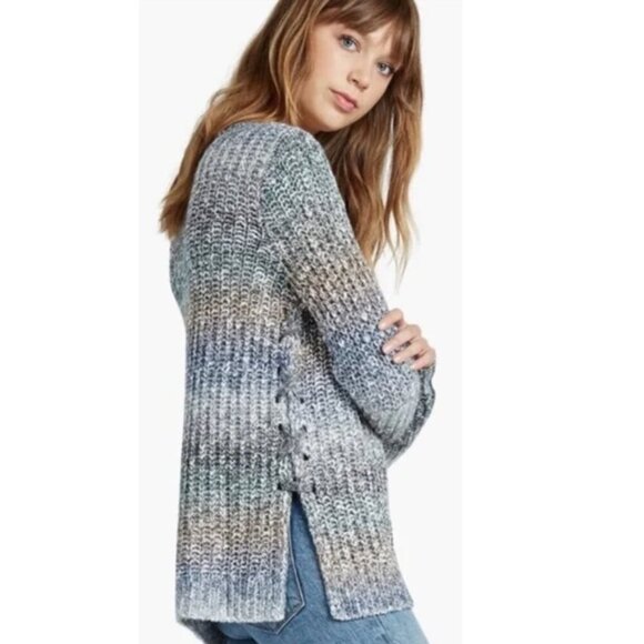 LUCKY BRAND | Blue Ombre Side Lace Up Sweater Women Large | Soft Pastel Coastal - Picture 6 of 8